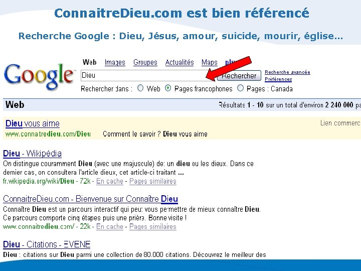 Connaitre. Dieu. com est bien référencé Recherche Google : Dieu, Jésus, amour, suicide, mourir,