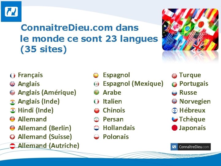 Connaitre. Dieu. com dans le monde ce sont 23 langues (35 sites) Français Anglais