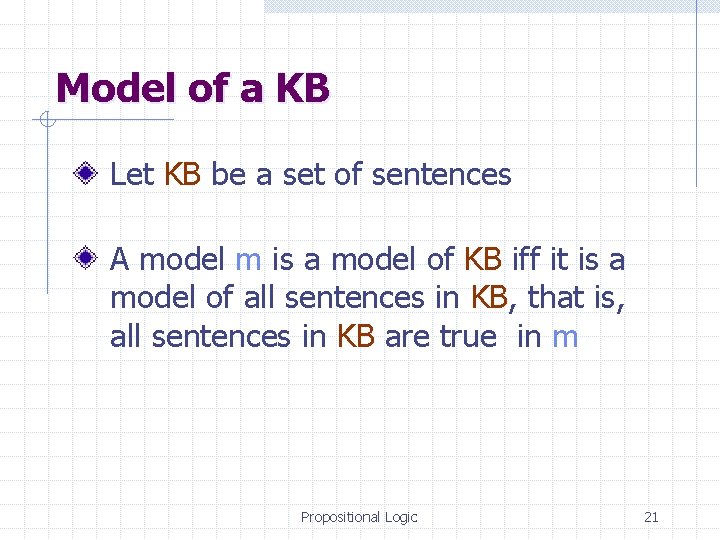 Model of a KB Let KB be a set of sentences A model m
