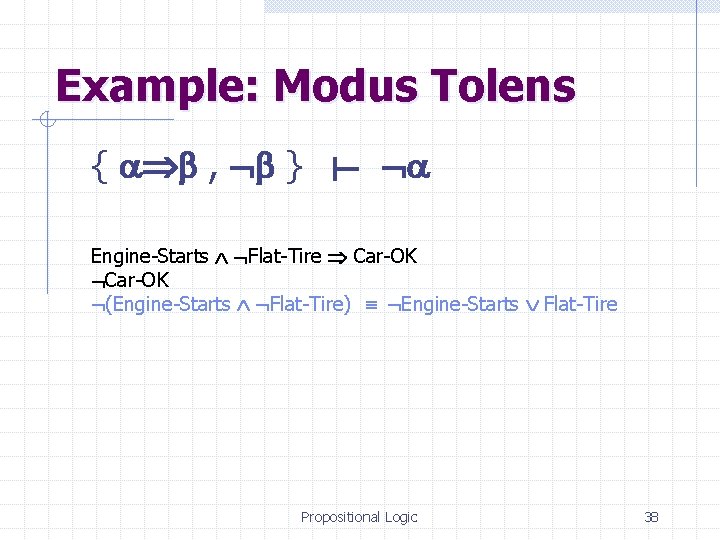 Example: Modus Tolens { , } Engine-Starts Flat-Tire Car-OK (Engine-Starts Flat-Tire) Engine-Starts Flat-Tire Propositional