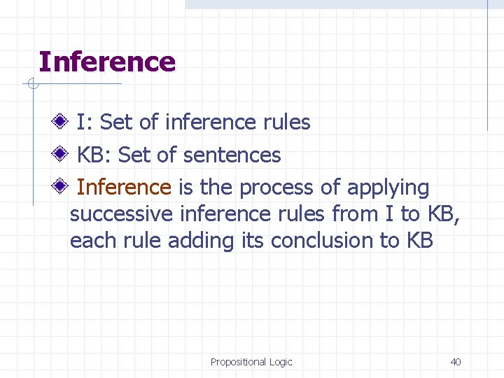 Inference I: Set of inference rules KB: Set of sentences Inference is the process