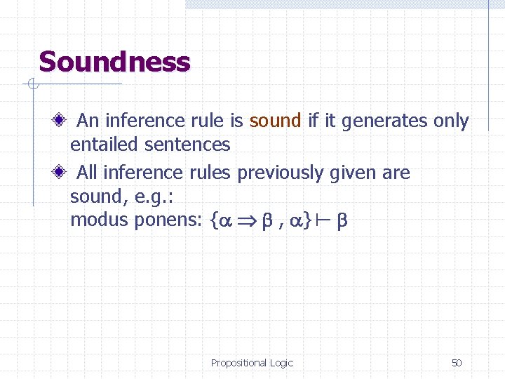 Soundness An inference rule is sound if it generates only entailed sentences All inference