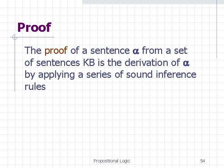 Proof The proof of a sentence from a set of sentences KB is the