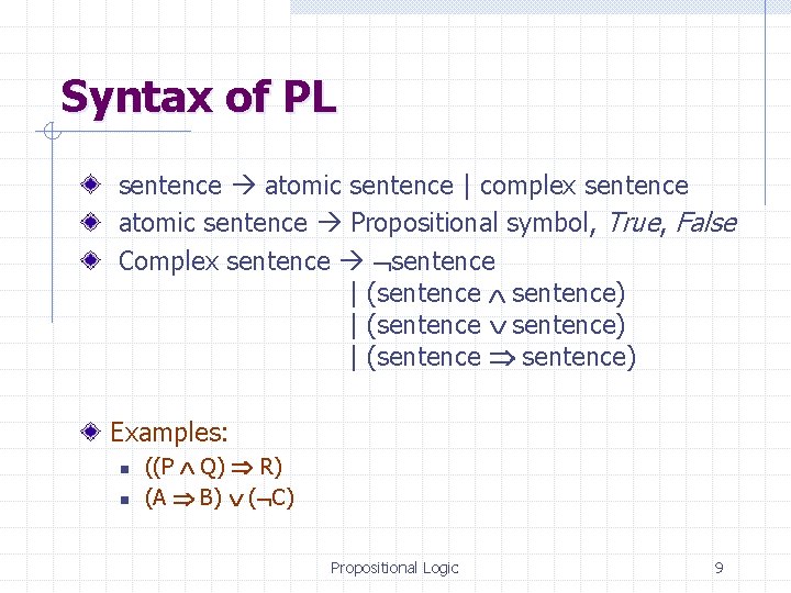 Syntax of PL sentence atomic sentence | complex sentence atomic sentence Propositional symbol, True,