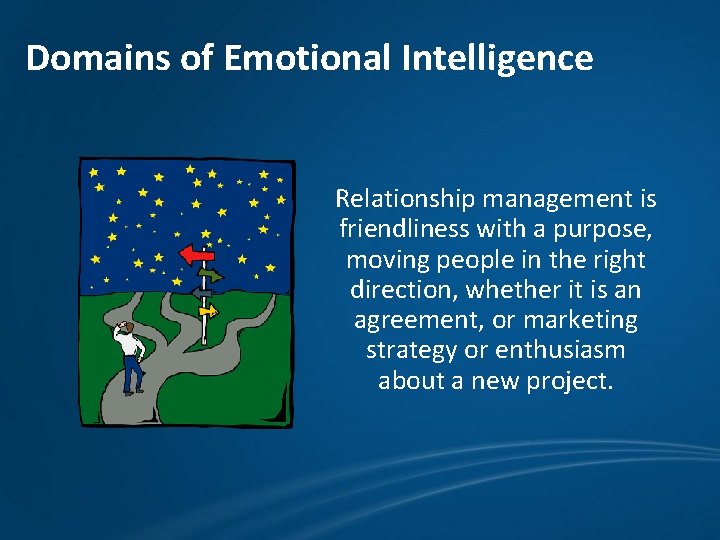 Domains of Emotional Intelligence Relationship management is friendliness with a purpose, moving people in