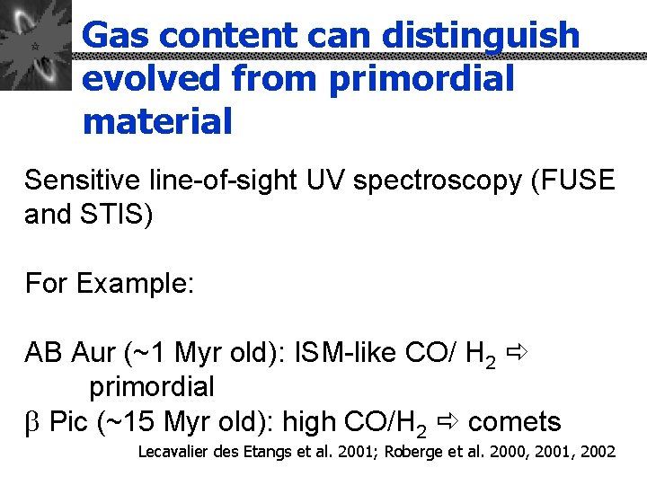 Gas content can distinguish evolved from primordial material Sensitive line-of-sight UV spectroscopy (FUSE and