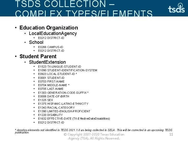 TSDS COLLECTION – COMPLEX TYPES/ELEMENTS • Education Organization • Local. Education. Agency • E