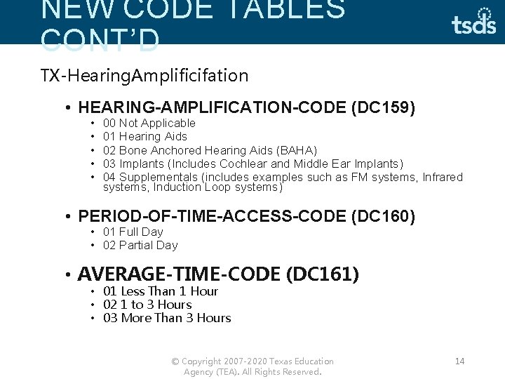 NEW CODE TABLES CONT’D TX-Hearing. Amplificifation • HEARING-AMPLIFICATION-CODE (DC 159) • • • 00