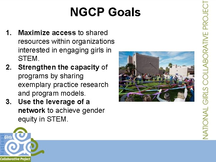 NGCP Goals 1. Maximize access to shared resources within organizations interested in engaging girls