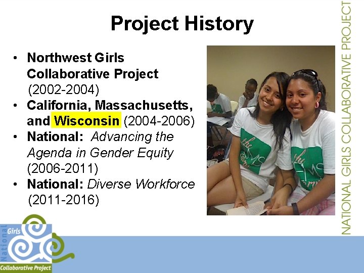 Project History • Northwest Girls Collaborative Project (2002 -2004) • California, Massachusetts, and Wisconsin