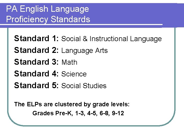 PA English Language Proficiency Standards Standard 1: Social & Instructional Language Standard 2: Language