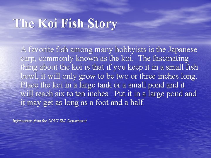 The Koi Fish Story A favorite fish among many hobbyists is the Japanese carp,