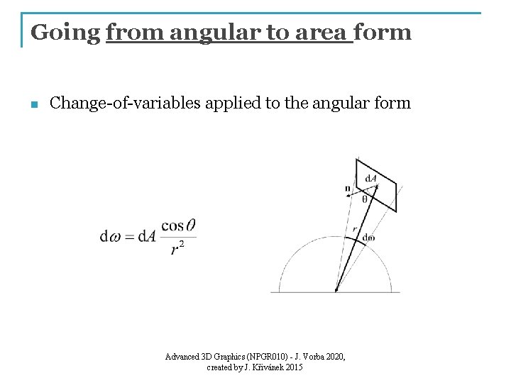 Going from angular to area form n Change-of-variables applied to the angular form Advanced