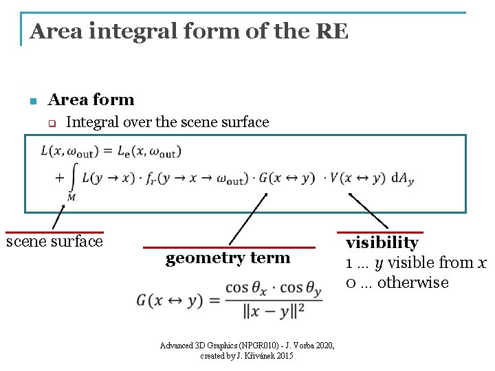 Area integral form of the RE Area form n q Integral over the scene