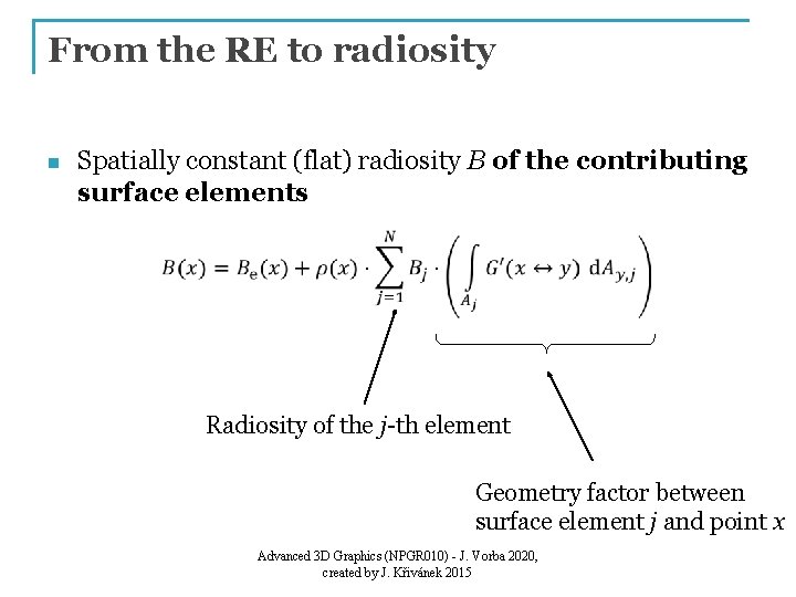 From the RE to radiosity n Spatially constant (flat) radiosity B of the contributing