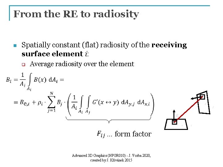 From the RE to radiosity n Spatially constant (flat) radiosity of the receiving surface
