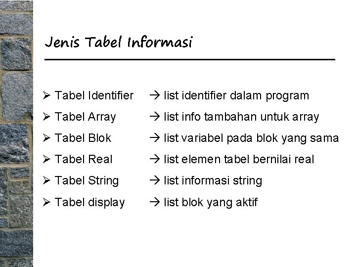 Jenis Tabel Informasi Ø Tabel Identifier list identifier dalam program Ø Tabel Array list