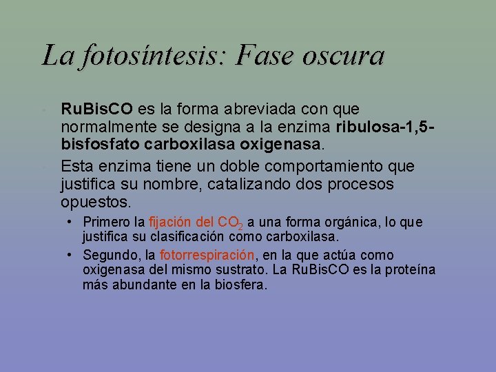 La fotosíntesis: Fase oscura • • Ru. Bis. CO es la forma abreviada con