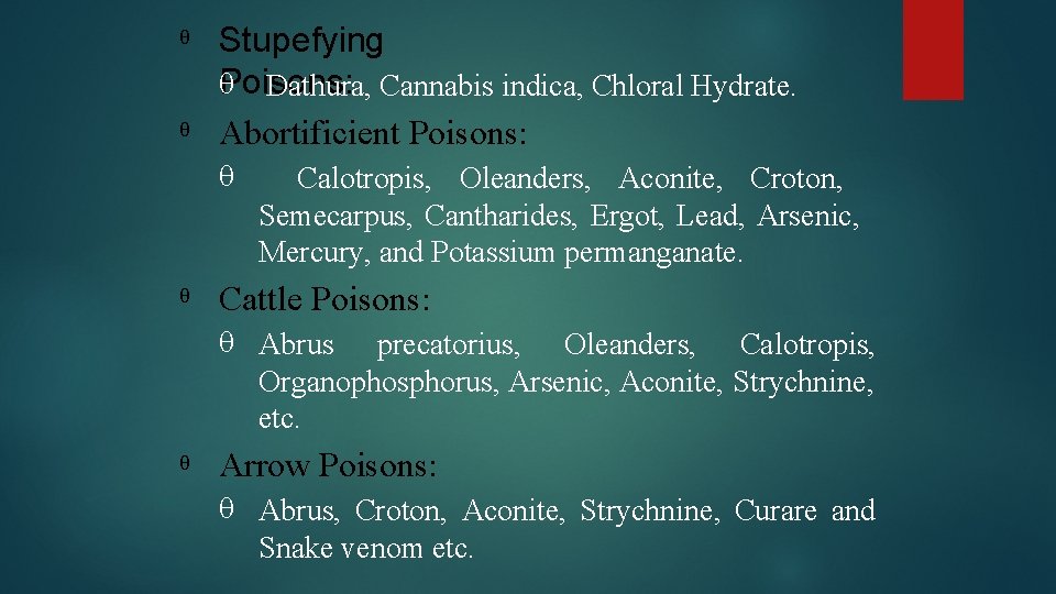  Stupefying Poisons: Dathura, Cannabis indica, Chloral Hydrate. Abortificient Poisons: Calotropis, Oleanders, Aconite, Croton,