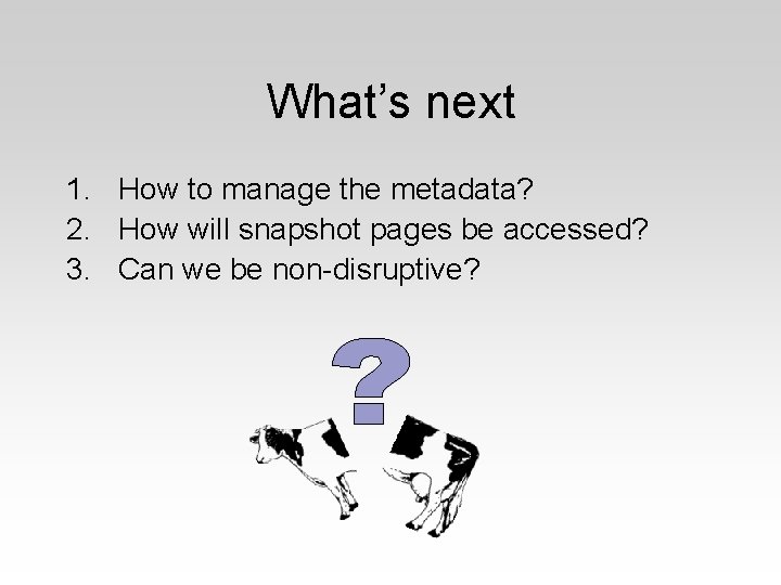 What’s next 1. How to manage the metadata? 2. How will snapshot pages be