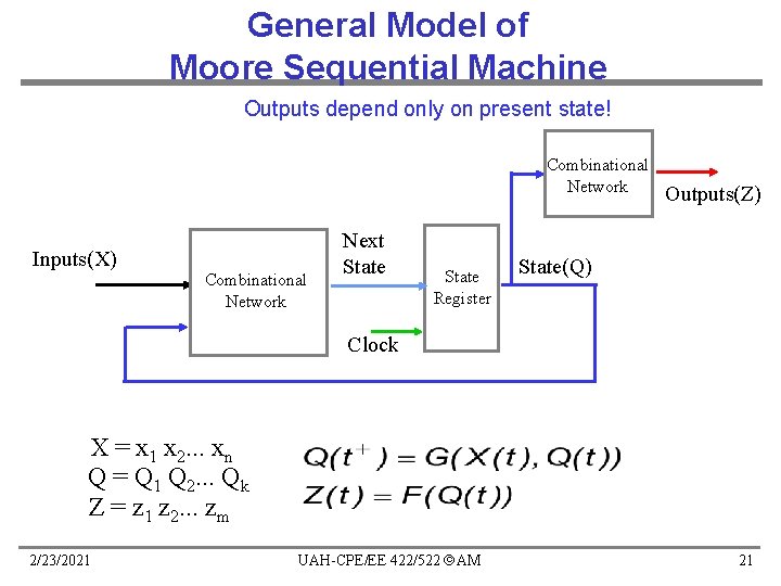 General Model of Moore Sequential Machine Outputs depend only on present state! Combinational Network General Model of Moore Sequential Machine Outputs depend only on present state! Combinational Network