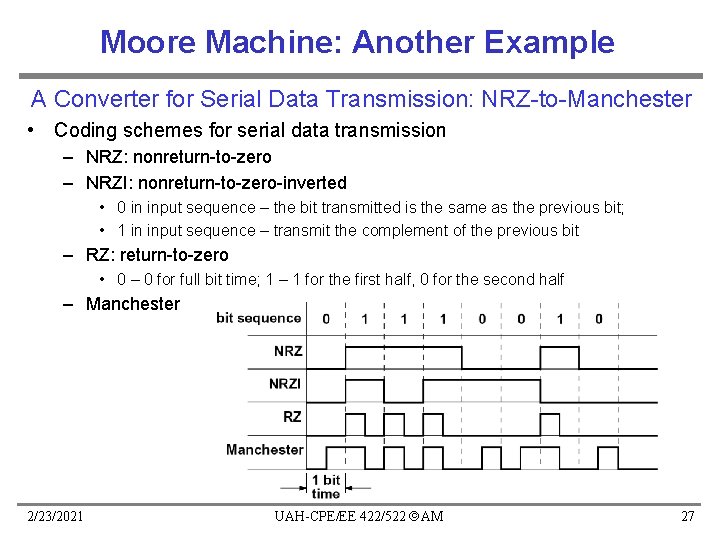 Moore Machine: Another Example A Converter for Serial Data Transmission: NRZ-to-Manchester • Coding schemes Moore Machine: Another Example A Converter for Serial Data Transmission: NRZ-to-Manchester • Coding schemes