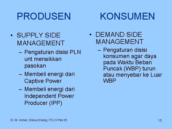 PRODUSEN • SUPPLY SIDE MANAGEMENT – Pengaturan disisi PLN unt menaikkan pasokan – Membeli