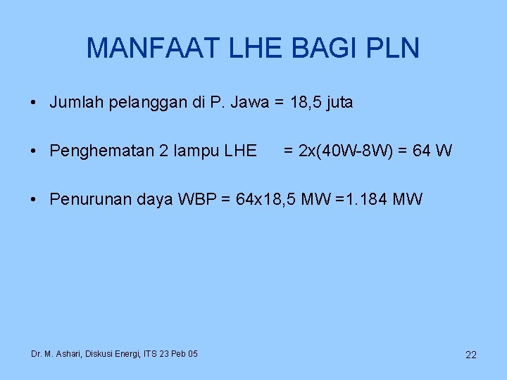 MANFAAT LHE BAGI PLN • Jumlah pelanggan di P. Jawa = 18, 5 juta