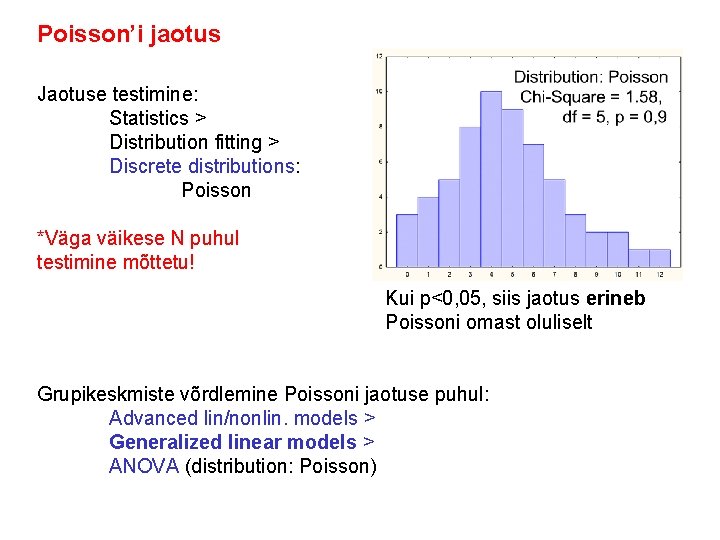 Poisson’i jaotus Jaotuse testimine: Statistics > Distribution fitting > Discrete distributions: Poisson *Väga väikese