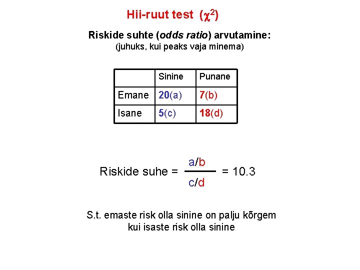 Hii-ruut test ( 2) Riskide suhte (odds ratio) arvutamine: (juhuks, kui peaks vaja minema)