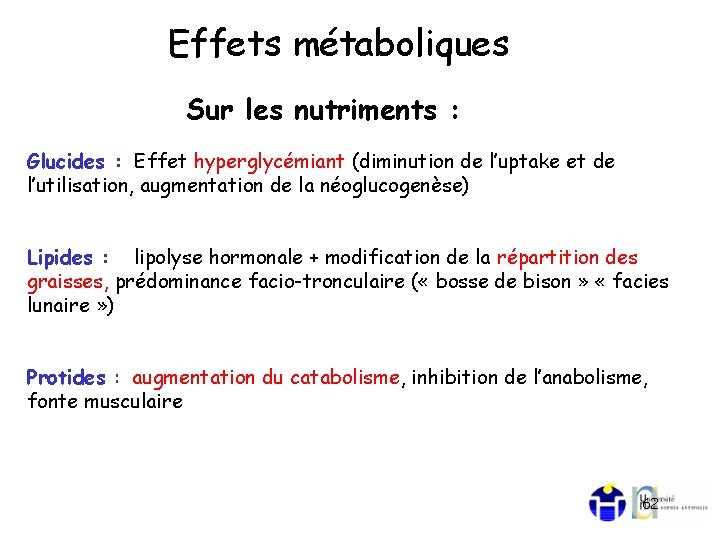 Effets métaboliques Sur les nutriments : Glucides : Effet hyperglycémiant (diminution de l’uptake et