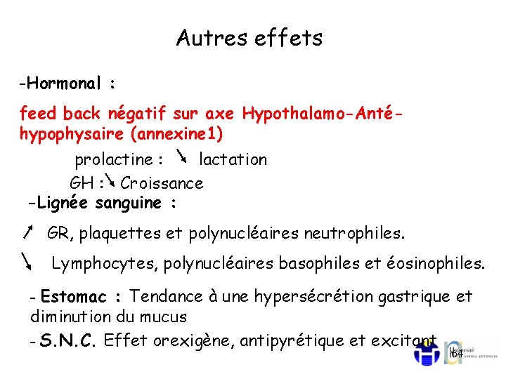 Autres effets -Hormonal : feed back négatif sur axe Hypothalamo-Antéhypophysaire (annexine 1) prolactine :