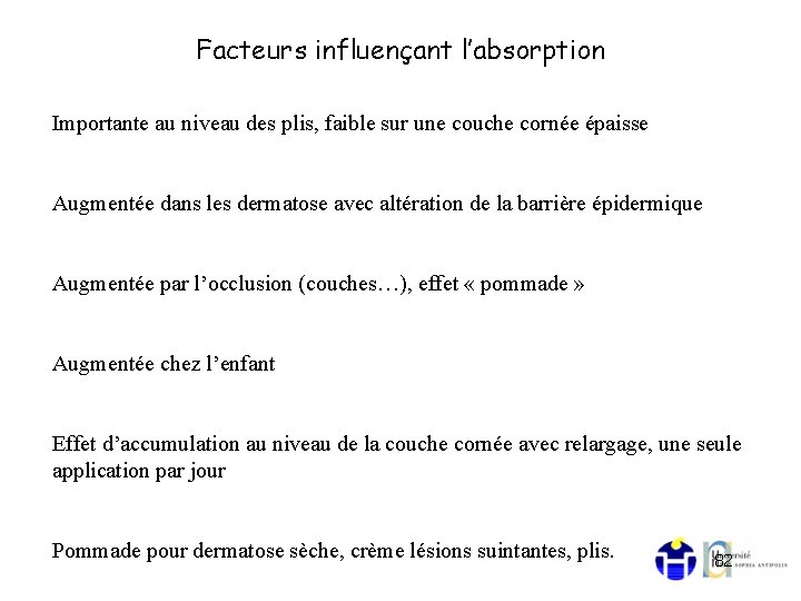 Facteurs influençant l’absorption Importante au niveau des plis, faible sur une couche cornée épaisse