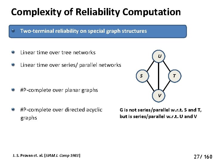 Complexity of Reliability Computation Two-terminal reliability on special graph structures Linear time over tree