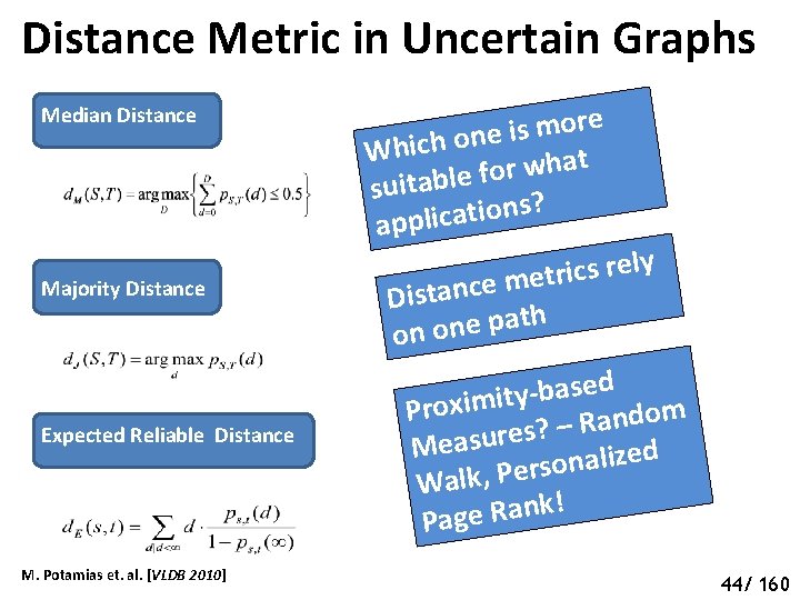 Distance Metric in Uncertain Graphs Median Distance Majority Distance Expected Reliable Distance M. Potamias