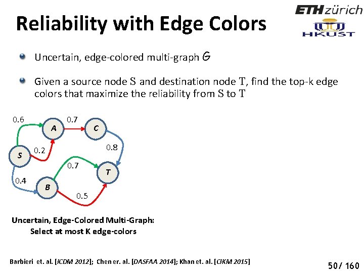 Reliability with Edge Colors Uncertain, edge-colored multi-graph G Given a source node S and