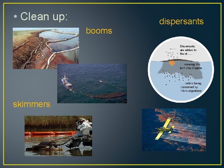  • Clean up: booms skimmers dispersants 