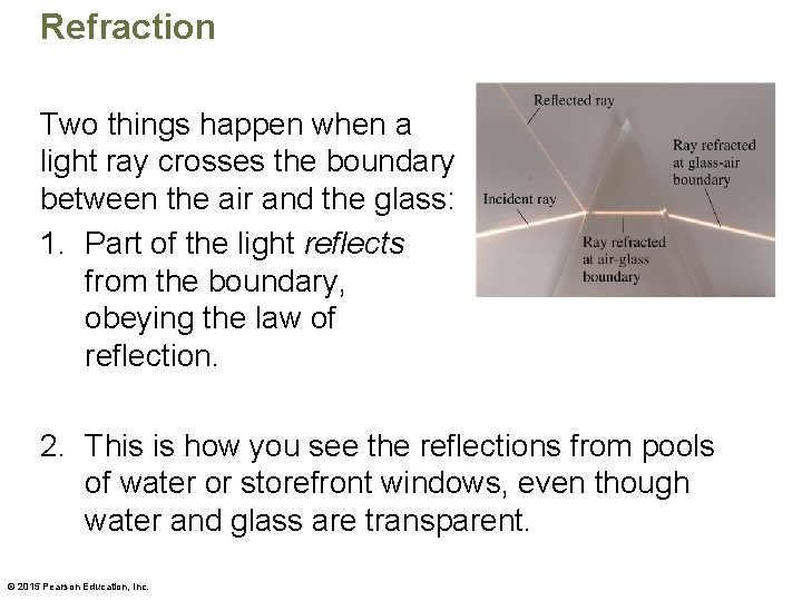 Refraction Two things happen when a light ray crosses the boundary between the air