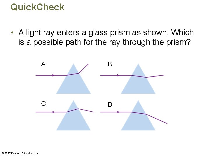 Quick. Check • A light ray enters a glass prism as shown. Which is