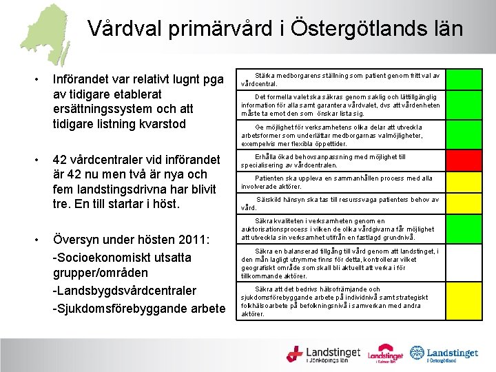 Vårdval primärvård i Östergötlands län • • • Införandet var relativt lugnt pga av