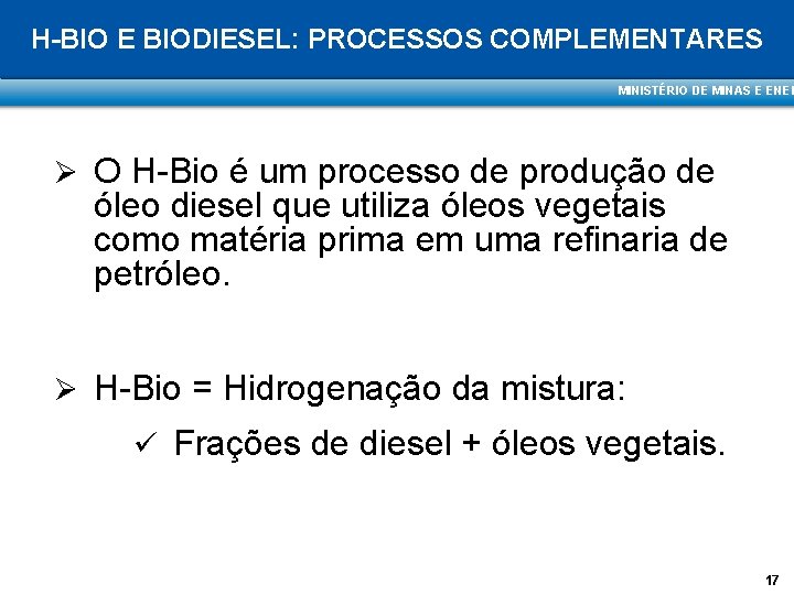 H-BIO E BIODIESEL: PROCESSOS COMPLEMENTARES MINISTÉRIO DE MINAS E ENER Ø O H-Bio é
