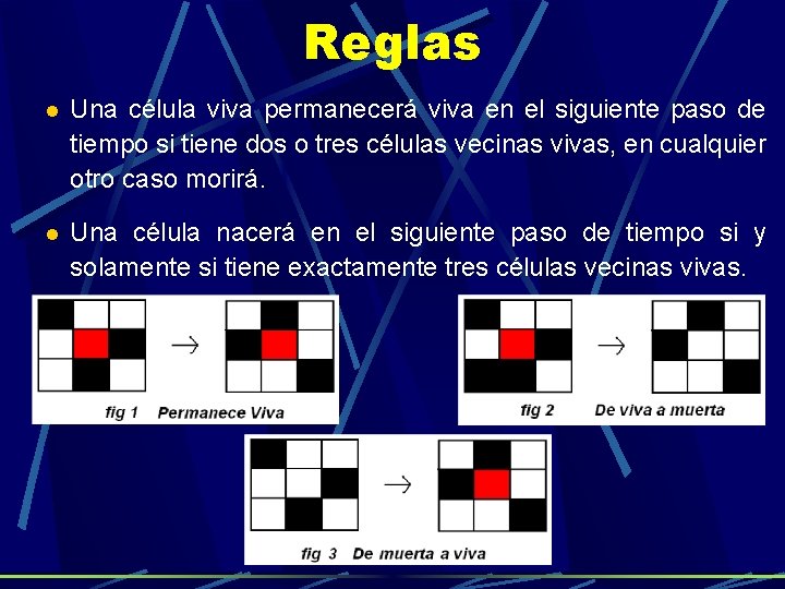 Reglas Una célula viva permanecerá viva en el siguiente paso de tiempo si tiene Reglas Una célula viva permanecerá viva en el siguiente paso de tiempo si tiene