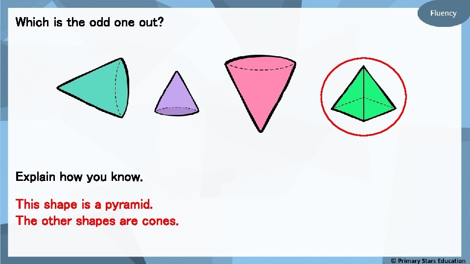 Which is the odd one out? Explain how you know. This shape is a