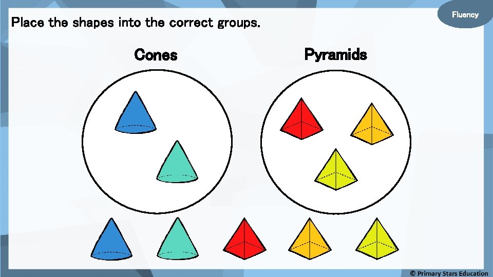 Fluency Place the shapes into the correct groups. Cones Pyramids 