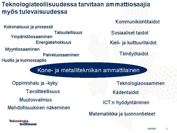 Teknologiateollisuudessa tarvitaan ammattiosaajia myös tulevaisuudessa Kommunikointitaidot Kokonaisuus ja prosessit Taloudellisuus Ympäristöosaaminen Energiatehokkuus Myyntiosaaminen Palveluosaaminen