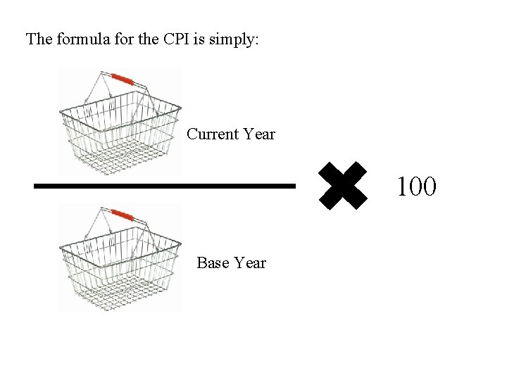 The formula for the CPI is simply: Current Year 100 Base Year 