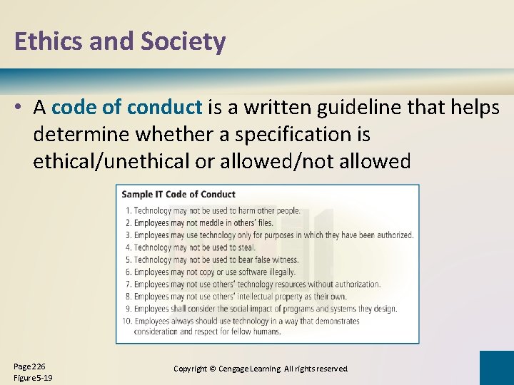 Ethics and Society • A code of conduct is a written guideline that helps