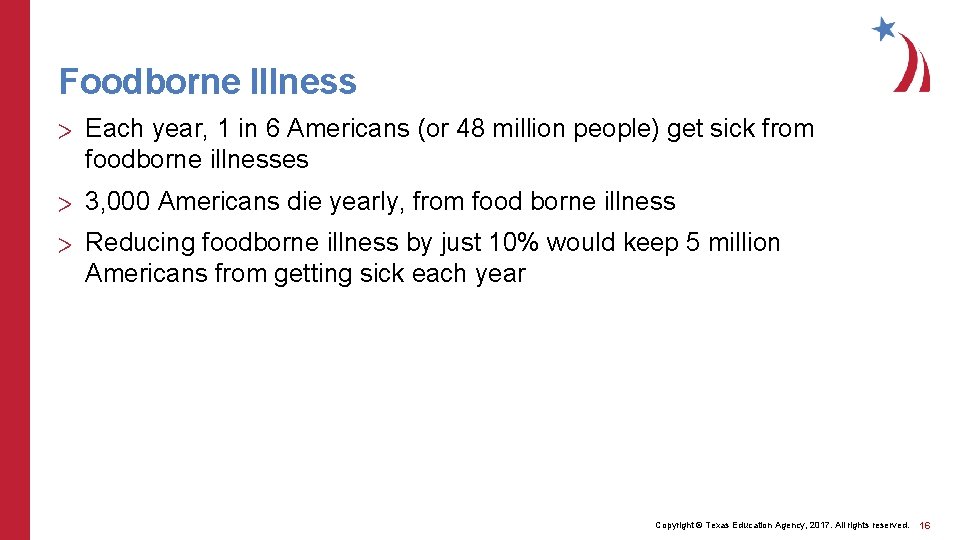Foodborne Illness > Each year, 1 in 6 Americans (or 48 million people) get Foodborne Illness > Each year, 1 in 6 Americans (or 48 million people) get