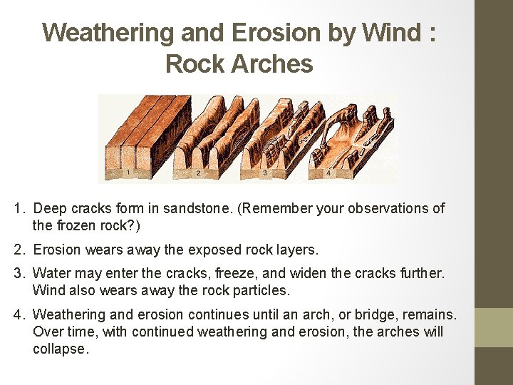 Weathering and Erosion by Wind : Rock Arches 1. Deep cracks form in sandstone.