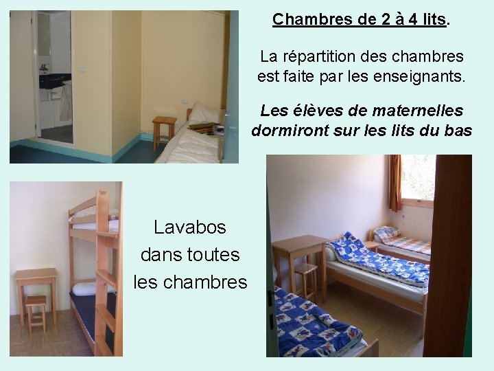 Chambres de 2 à 4 lits. La répartition des chambres est faite par les